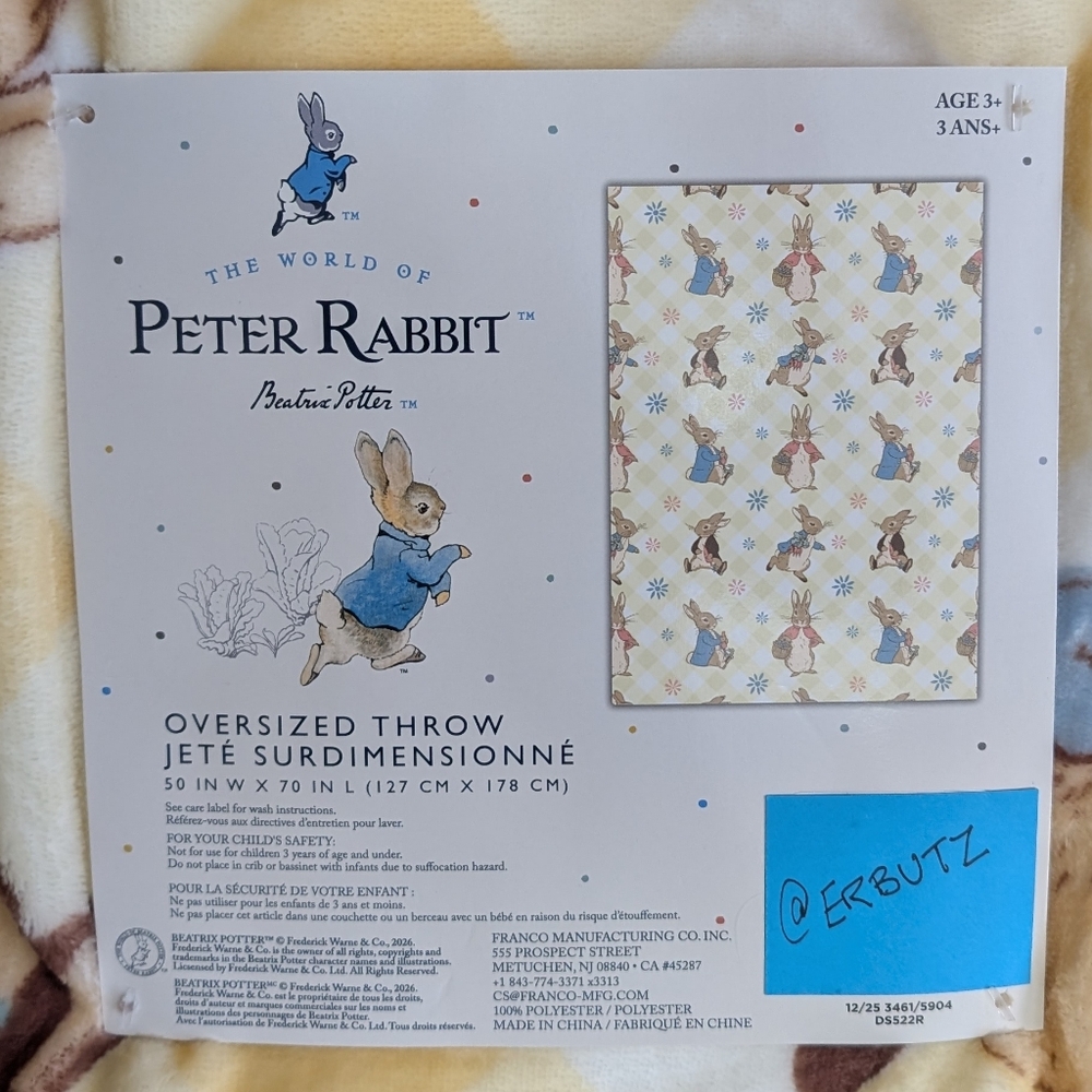 ❌SOLD❌Beatrix Potter Peter Rabbit Oversized Plush Throw, Gingham & Floral Design - Picture 4 of 6